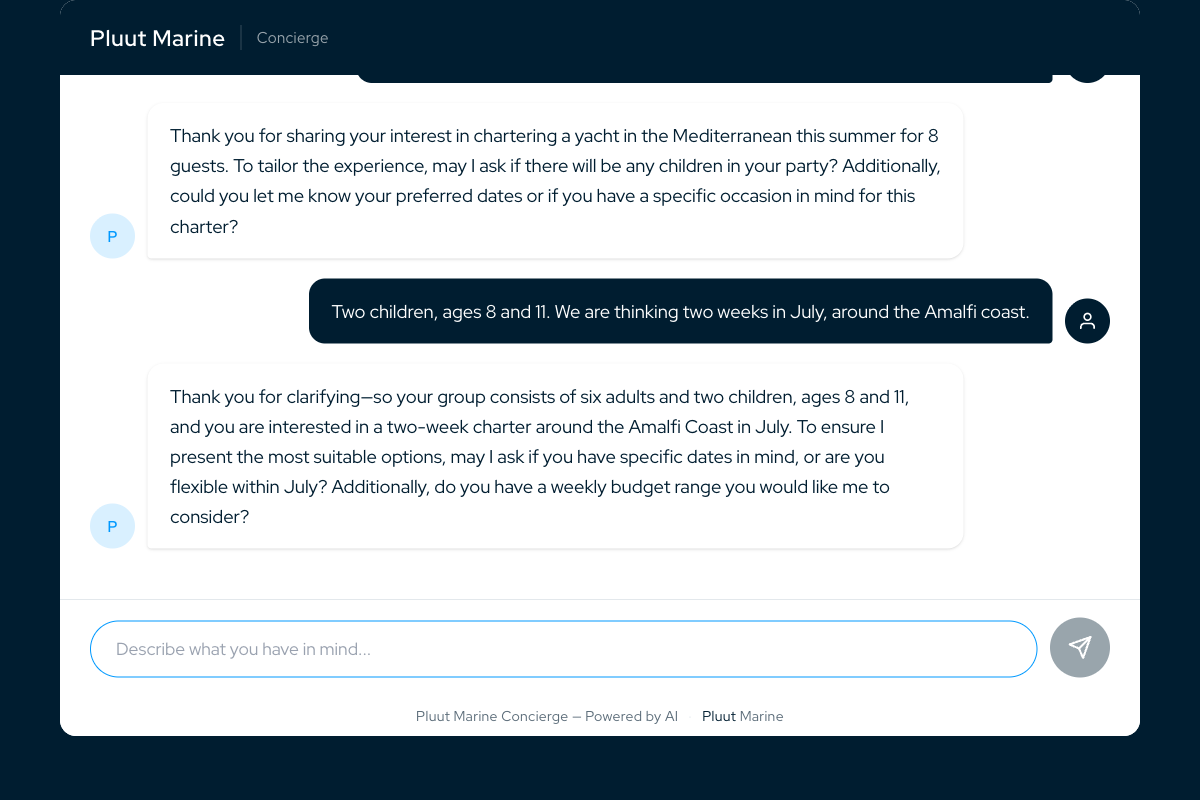 Screenshot of the Pluut Marine concierge chat