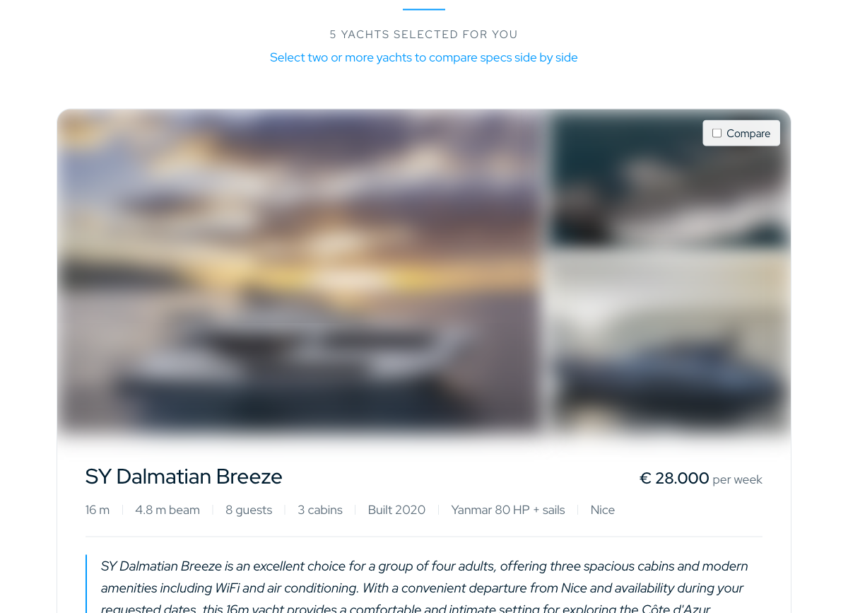 Screenshot of a curated selection of yachts