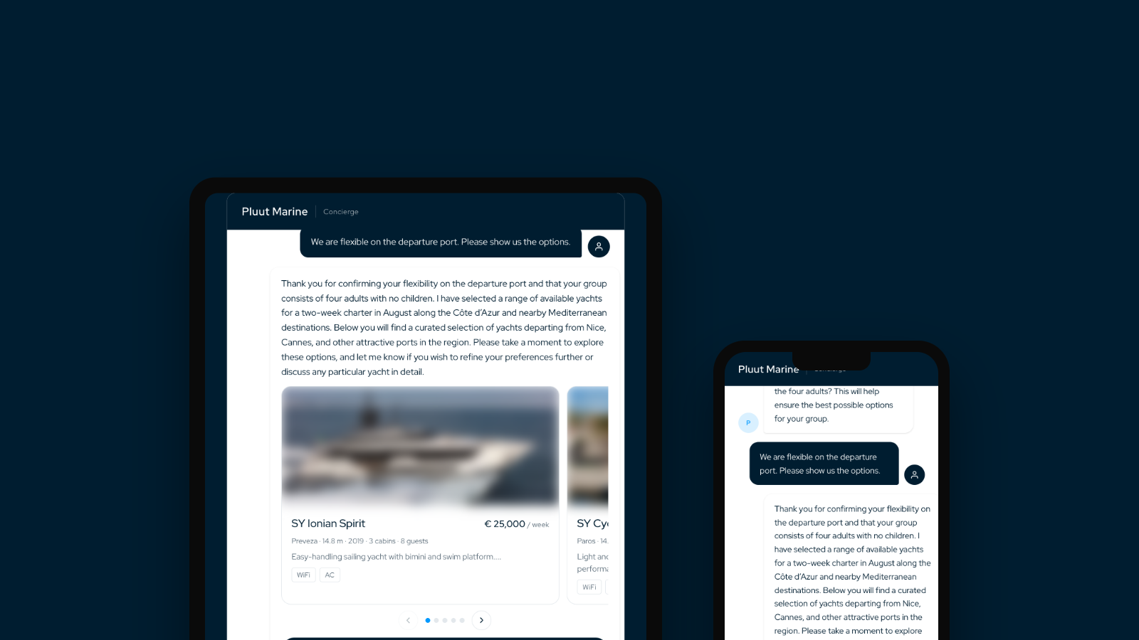 The Pluut Marine concierge on tablet and phone